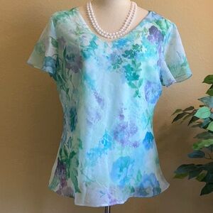 Karin Stevens - Pale Green and White Floral Fitted Top, V-neck, Size 16